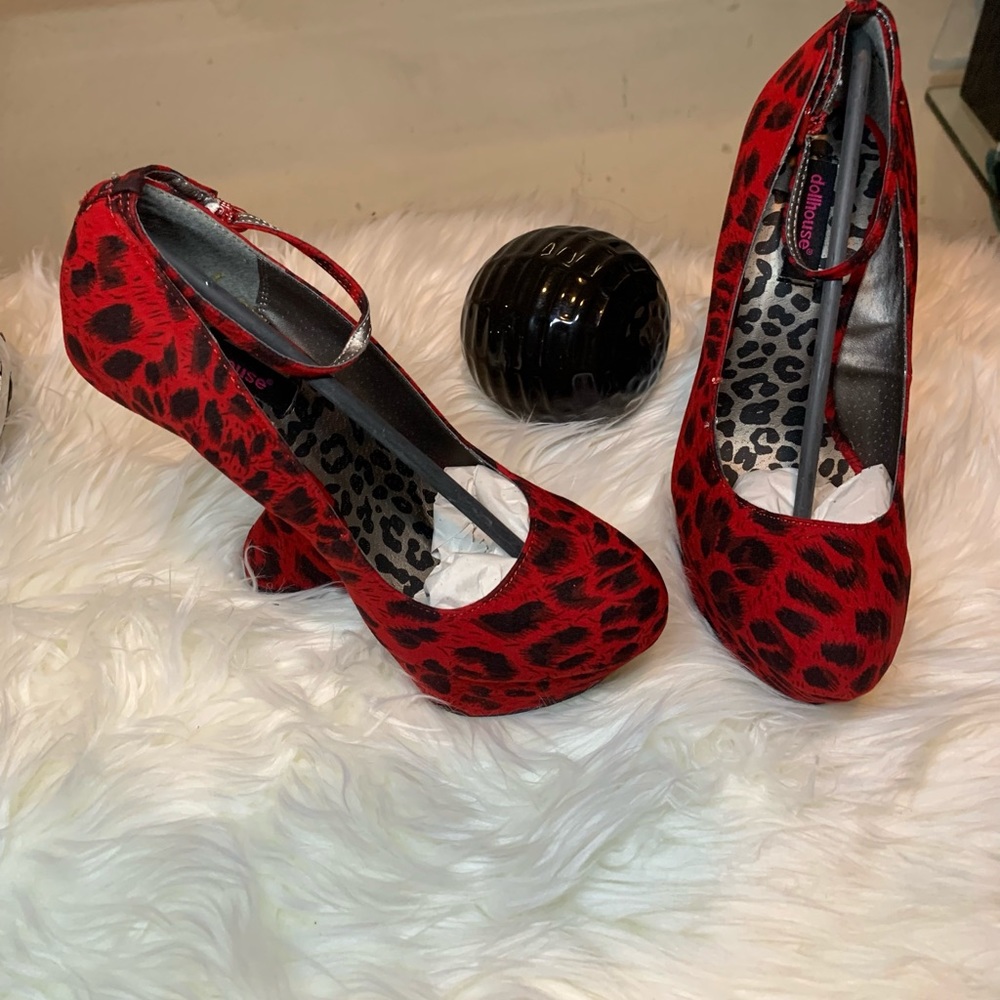 Red and black leopard print wedge heels